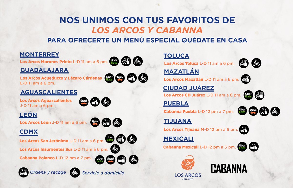 Nos unimos con los favoritos de #CABANNA y #LosArcos para consentirlos con nuestro menú especial #QuédateEnCasa, encuentra tu sucursal en cabanna.com.mx y restaurantlosarcos.com