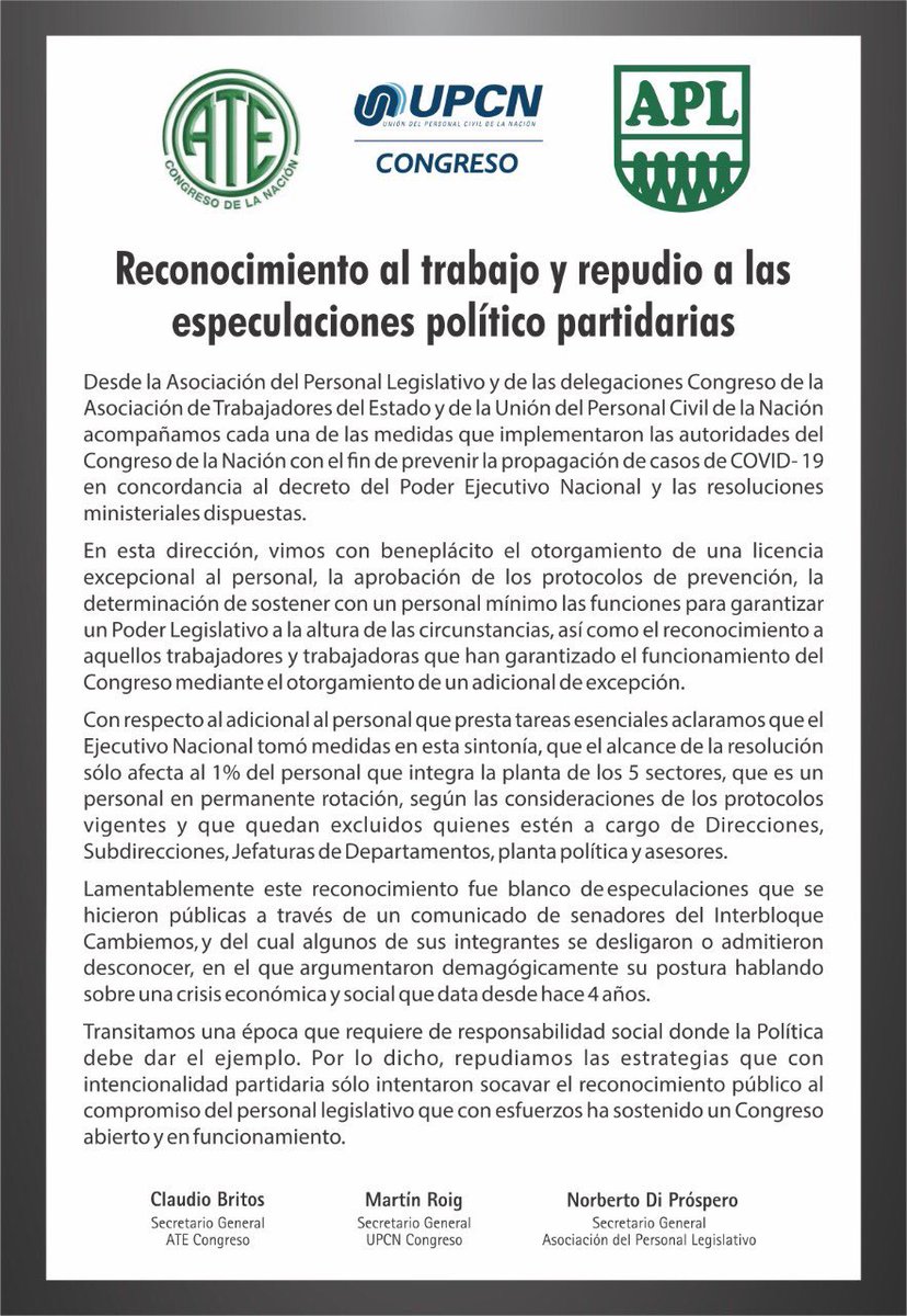 RECONOCIMIENTO AL TRABAJO Y REPUDIO A LAS ESPECULACIONES POLITICO PARTIDARIAS.