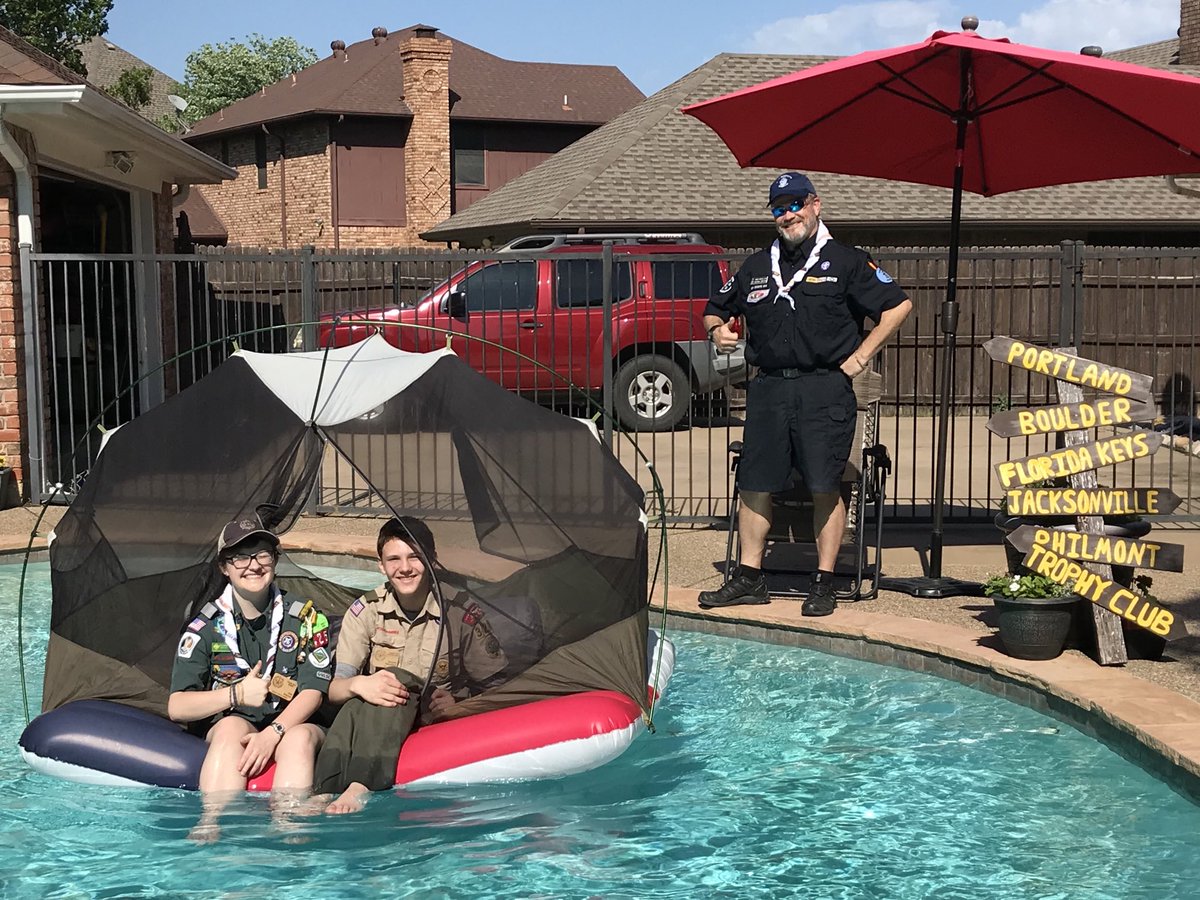 omccullo's tweet photo. BSA National #CampIn with Colleen (Circle 10 Crew 425 &amp; Longhorn Troop 328G), Declan (Longhorn Troop 328B) and Owen (National Director Venturing and Sea Scouting, ASM T328B &amp; T328G, Advisor Crew 425). #scoutingathome #VenturingBSA #SeaScoutsBSA https://t.co/KuX4oJKiFC