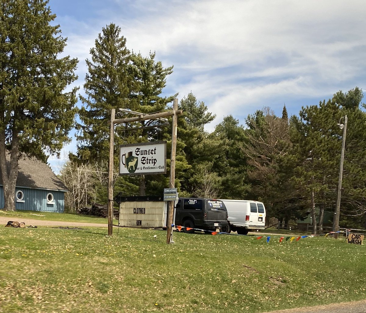 AngMarie17's tweet photo. In case you were wondering strip clubs are non essential- the Sunset Strip Gentleman’s Club in Stone Lake is “clothed until further notice” #COVID__19 #COVID19 #coronavirus #NonEssential #stonelake https://t.co/9N1iVKES9r
