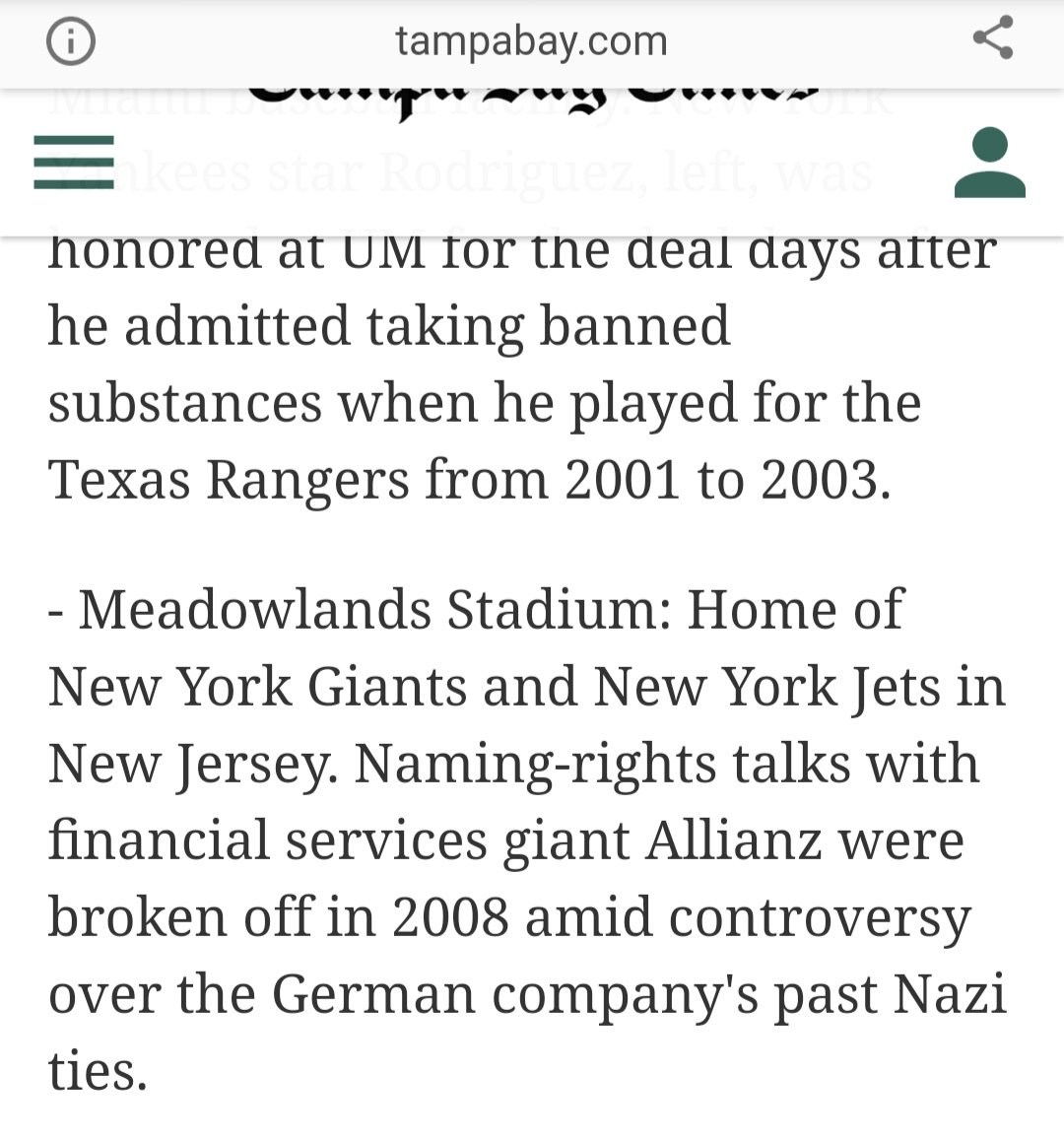 Ritaferdi's tweet image. Meadowlands NT Giants &amp;amp; N Y Jets in NJ  Allianz were broken off in 2008 over the German company's past Nazi ties.@POTUS
#FireFauci #military #FireCDC #pentagon #NYC #Trump #SmackDown
Report coronavirus fraud 
Air purifiers in hospitals 
tampabay.com/archive/2010/0…