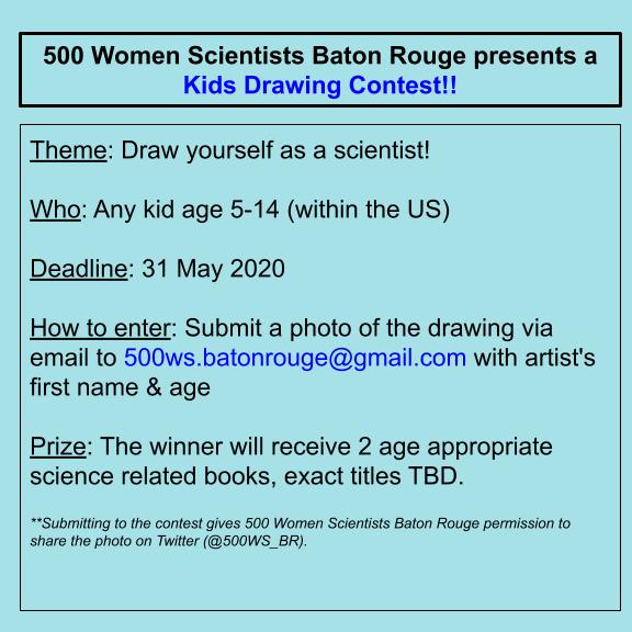 500WS_BR's tweet photo. CONTEST: Draw yourself as a scientist! Open to all kids in the US (Not just Baton Rouge/LA), ages 5-14. Deadline is May 31st. Winner will be announced June 15th! Submit a photo of the artwork to 500ws.batonrouge@gmail.com. #sciart #science #scicomm #500ws #drawingcontest https://t.co/bMVa64hDKh