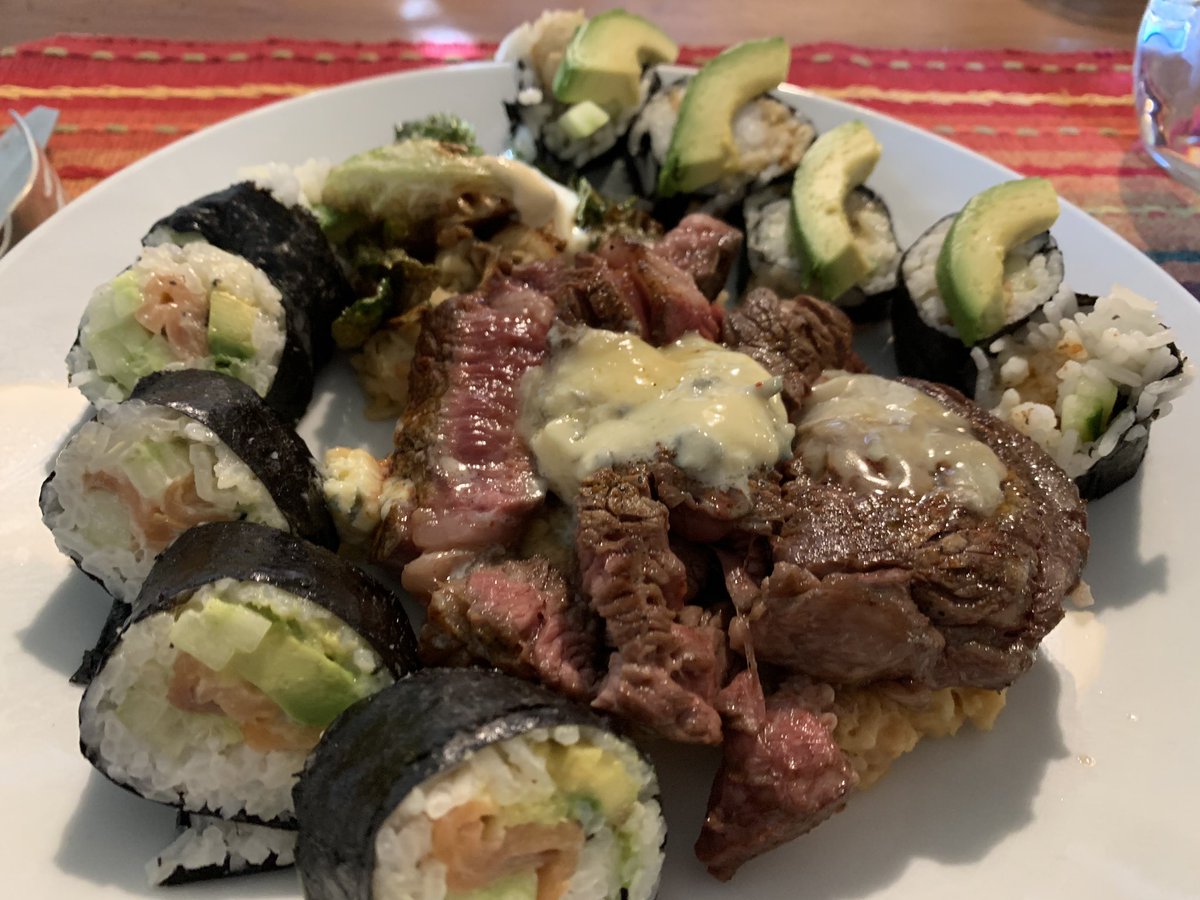 I burned almost 500 calories today, so my favorite person made this incredible meal for dinner: steak with fried Brussels sprouts, a chickpea purée, and sushi.