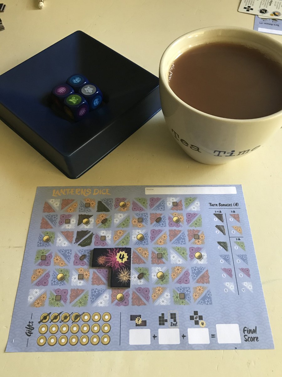 Lanterns Dice Lights In The Sky by <a href="/ChrisBryanGames/">Chris Bryan</a> and <a href="/FoxtrotGames/">Foxtrot Games</a> with Life Boat Tea by @Williamson_Tea
