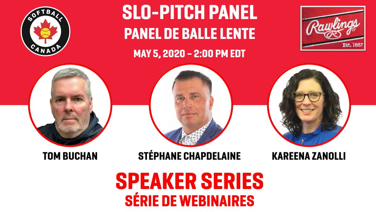 SoftballCanada's tweet photo. Our next @RawlingsSports Speaker Series webinar will be a Slo-Pitch panel at 2:00pm EDT on Tuesday, May 5! Register now at https://t.co/x01HpBTX7C https://t.co/aqgbnvcyYI