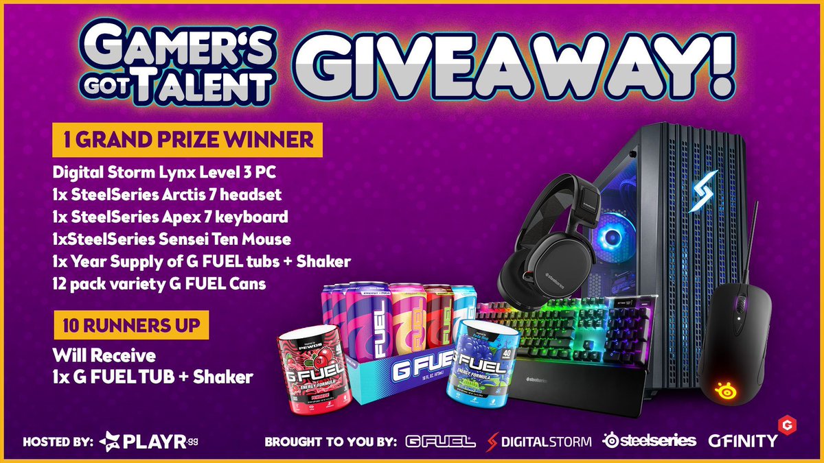 G FUEL® (@gfuelenergy) on Twitter photo ⭐️🎮 #GamersGotTalent GIVEAWAY!!!
To commemorate our “GAMER’S GOT TALENT” contest, we’ve teamed up with our amazing friends from <a href="/DigitalStormPC/">Digital Storm</a> + <a href="/SteelSeries/">SteelSeries</a> + <a href="/Gfinity/">Gfinity</a> to bring you all this GIVEAWAY!!!
💞 LIKE + RT + COMMENT “⭐️” TO ENTER!
🔗 ENTER: gfuel.ly/2YBX6HV ⭐️🎮 #GamersGotTalent GIVEAWAY!!!
To commemorate our “GAMER’S GOT TALENT” contest, we’ve teamed up with our amazing friends from <a href="/DigitalStormPC/">Digital Storm</a> + <a href="/SteelSeries/">SteelSeries</a> + <a href="/Gfinity/">Gfinity</a> to bring you all this GIVEAWAY!!!
💞 LIKE + RT + COMMENT “⭐️” TO ENTER!
🔗 ENTER: gfuel.ly/2YBX6HV