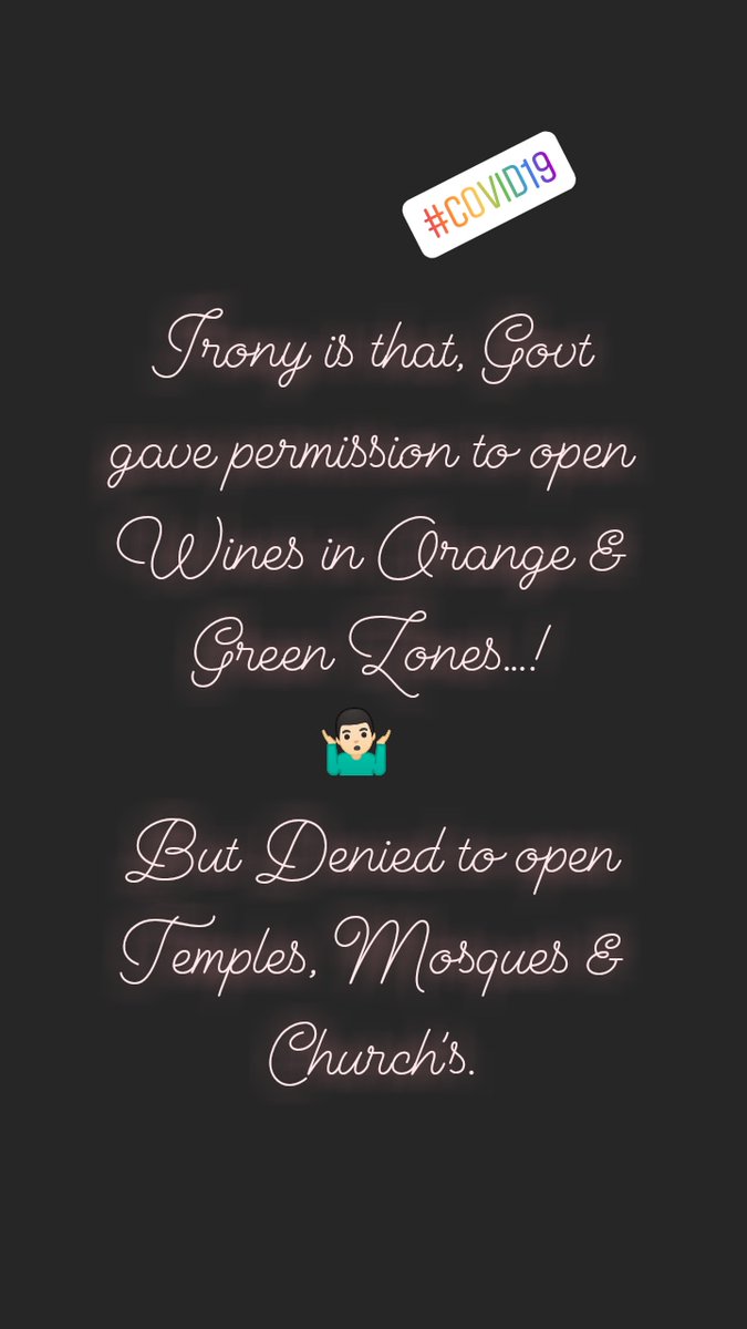 vinnu_vinay_v's tweet photo. Irony is that, Govt gave permission to open Wines in Orange & Green Zones...!
But Denied to open Temples, Mosques & Church's. #COVID2019india #LockdownTillMay17 #lockdownindia #LockdownOnlyOption #Covid_19india #COVID https://t.co/9lYZ7mt6gr