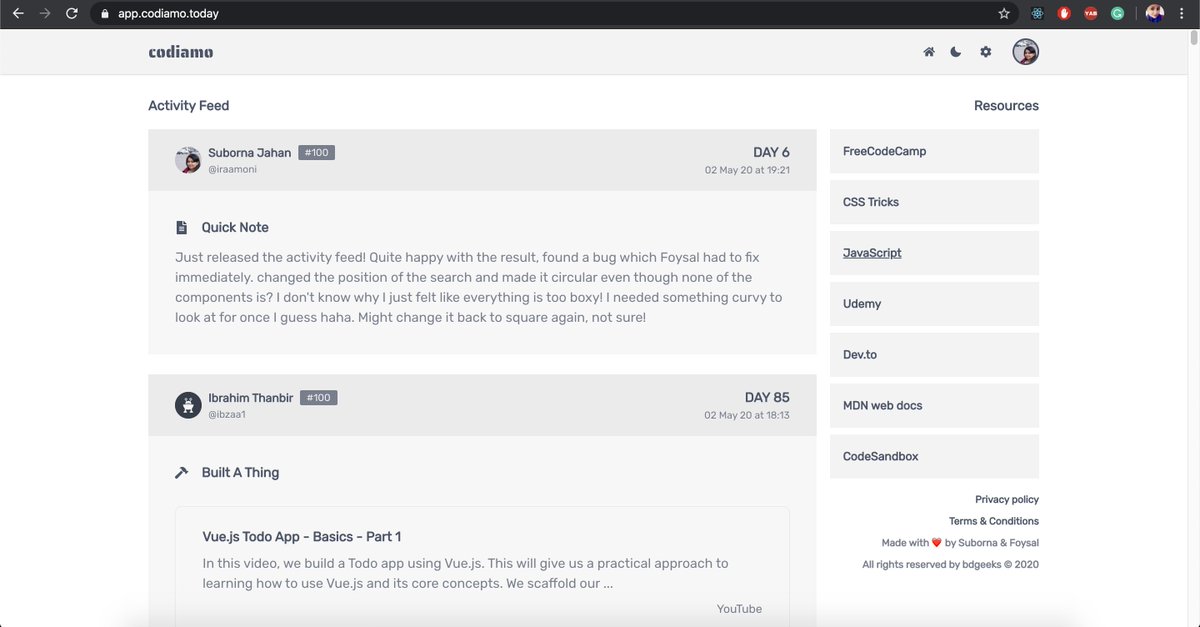 CodiamoToday's tweet photo. Check out the news feed of Codiamo! You can now interact with other coders, visit their profile, watch their progress &amp; give them reactions! 

Upcoming feature: Notifications 🔔🔔

#100DaysOfCode #CodeNewbie #programmer #developer #JuniorDev #HTML #CSS #girlswhocode #womenintech https://t.co/fVllrShmXT