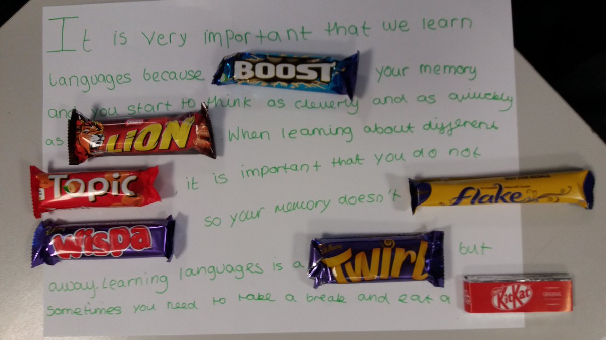 languages_la's tweet photo. The importance of Language Learning- by Lightcliffe Academy MFL students. 🇫🇷🇪🇸 #MFLafterschoolclub #MFLlearning #chocolatebars https://t.co/xZwoZzUSrF