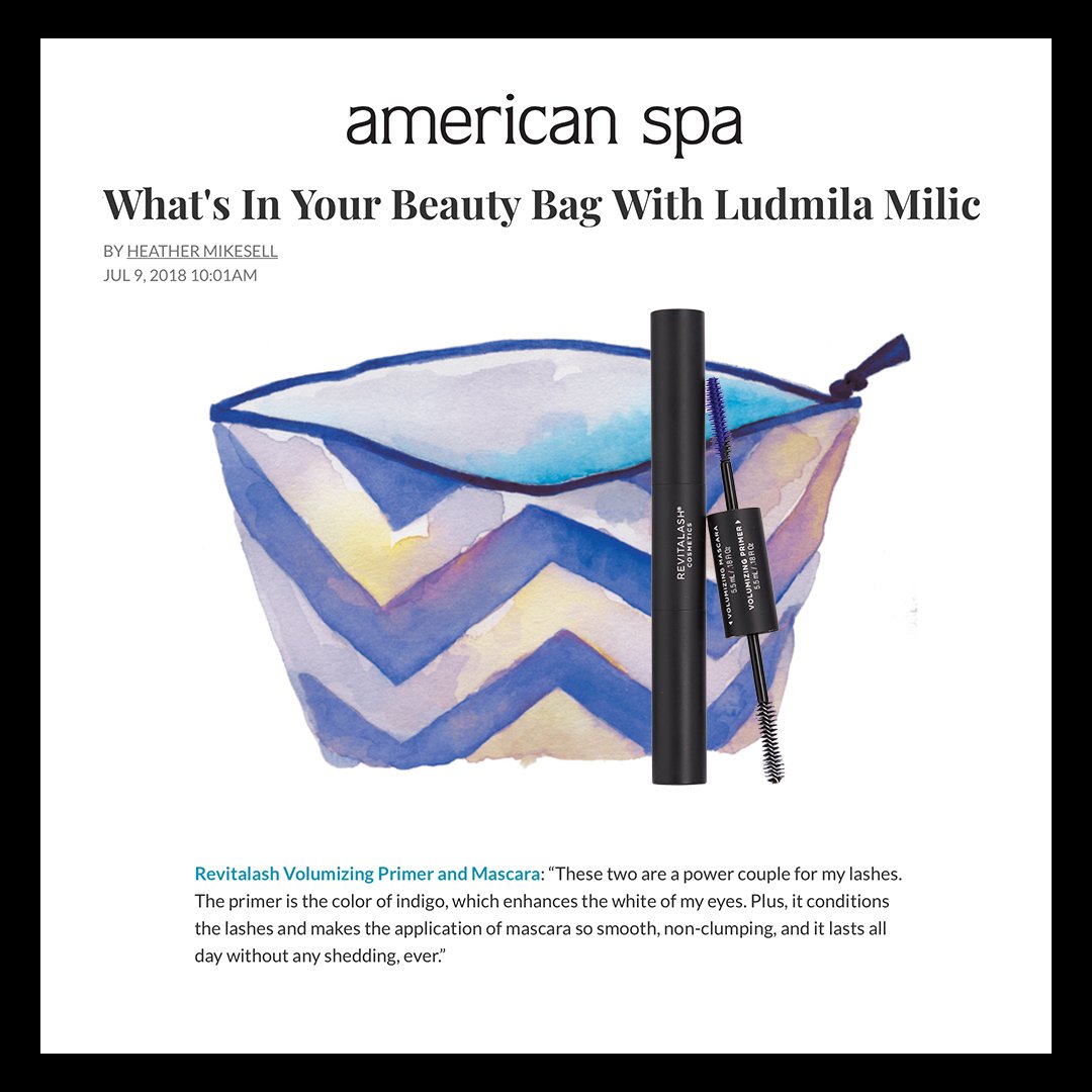 RevitaLash's tweet photo. What’s in ur beauty bag!? 👛 Ludmila Milic shares with @americanspamag “these two are a power couple for my lashes.” #DoubleEndedVolumeSet https://t.co/mf3HCC0i6r https://t.co/MfhP18lXuG