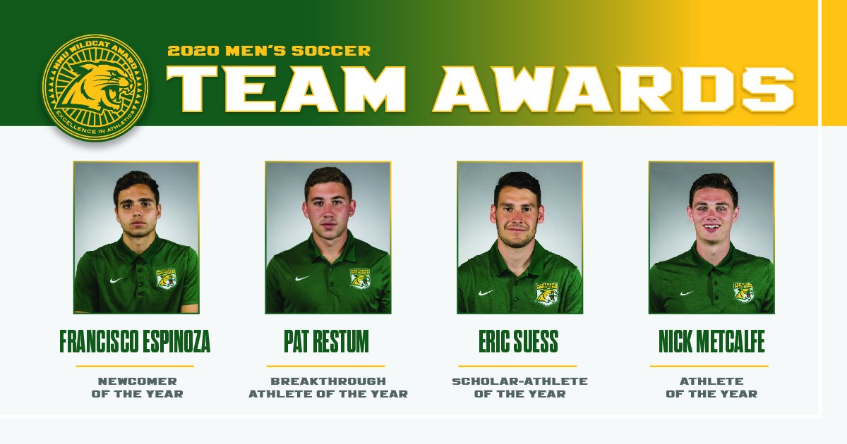 NMU_Wildcats's tweet photo. The @NMU_msoccer team awards - 

Newcomer: Francisco Espinoza
Breakthrough Athlete: Pat Restum
Scholar-Athlete: Eric Suess
Athlete of the Year: Nick Metcalfe

#NMUwildcats #ShareNMU https://t.co/FENDgEecye