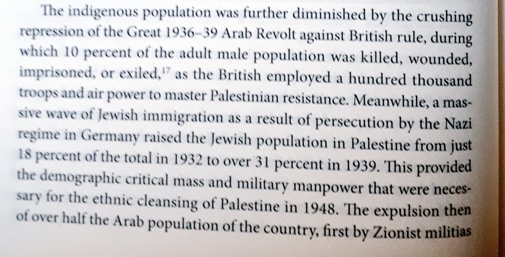 "The indigenous population was further diminished by the crushing repression of the Great 1936-39 Arab Revolt against British rule, during which 10 percent if the adult male population was killed, wounded, imprisoned, or exiled"