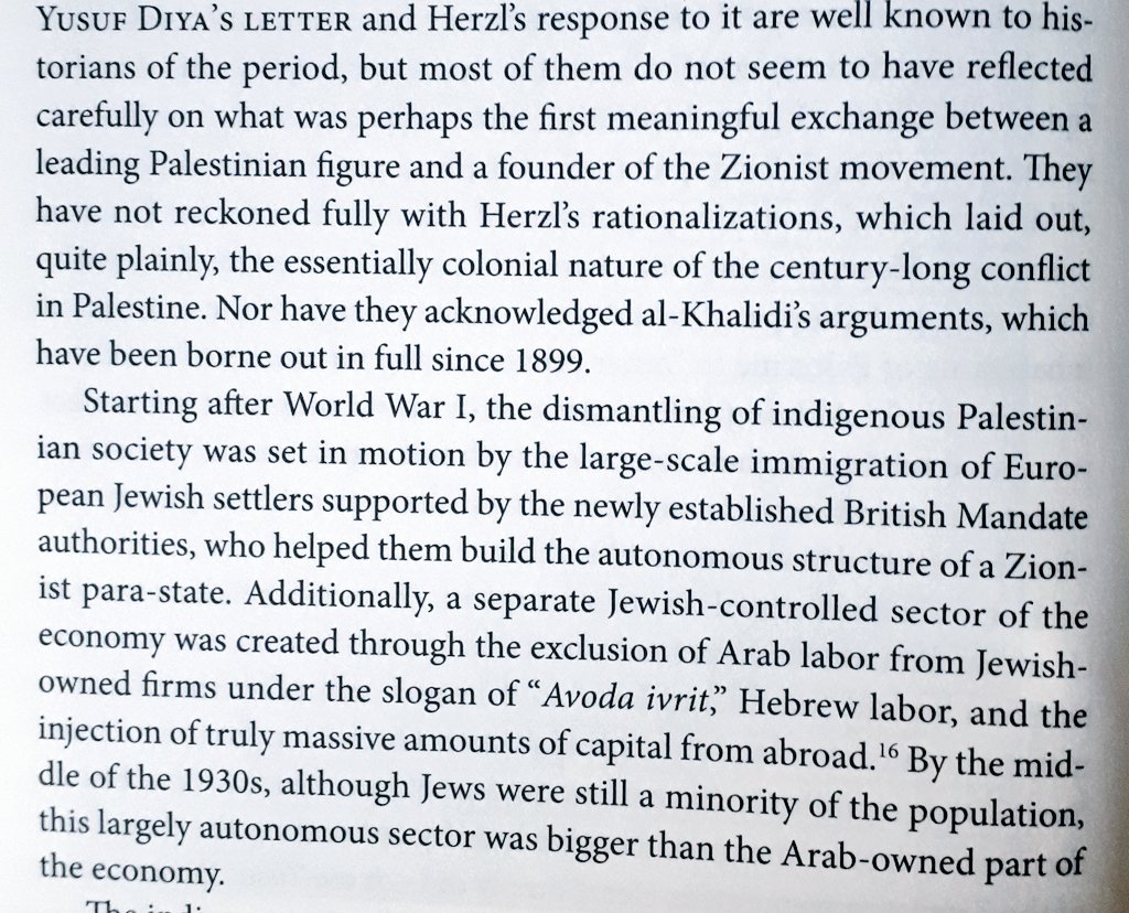 "The dismantling of indigenous Palestinian society was set in motion by the large-scale immigration of European Jewish settlers supported by the newly established British Mandate authorities ... a separate Jewish-controlled sector of the economy was created "Avoda ivrit"