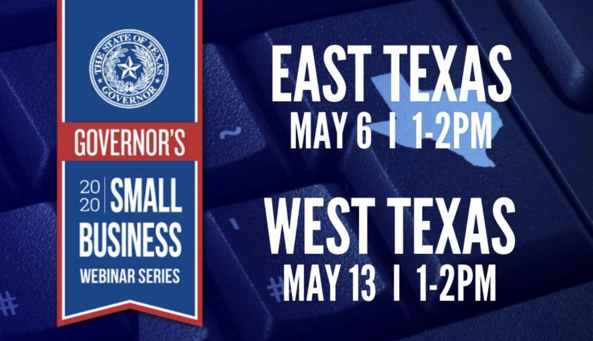 TexasOilGroup's tweet photo. Announcing the next two Governor’s #SmallBusiness Webinar Series! Register below to get important updates and guidance from experts on #COVID19 resources.

East Texas l May 6 l 1-2PM >> https://t.co/Om1GQMTLYW 
West Texas l May 13 l 1-2PM >> https://t.co/ZAqeFoYsQ1 https://t.co/WOQlwbXeVY
