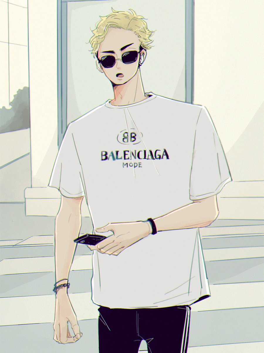 1boy male focus blonde hair phone shirt holding phone solo  illustration images