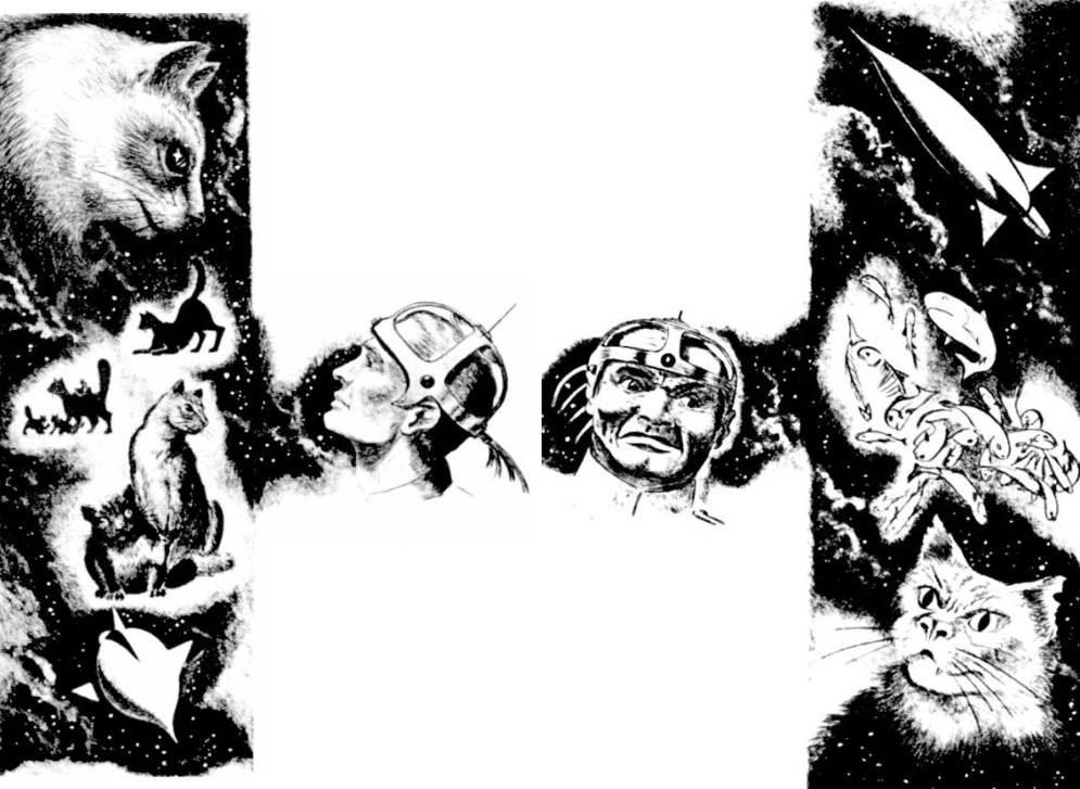 Dipping back into the 1950s for this week's Space Cat Saturday: Here's Mel Hunter's interior art for 'The Game of Rat and Dragon,' by Cordwainer Smith, from the Oct. 1955 issue of 'Galaxy Science Fiction.' You can read it online here!  http://www.gutenberg.org/files/29614/29614-h/29614-h.htm