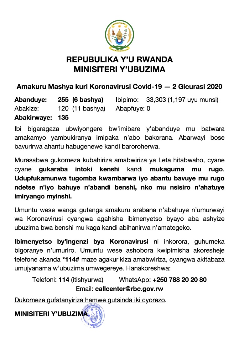 RwandaHealth's tweet photo. 02.05.2020
Amakuru Mashya kuri Koronavirusi COVID-19 / Update on COVID-19 Coronavirus / Mise à Jour sur le Coronavirus COVID-19 https://t.co/n8e7ZDTH0r