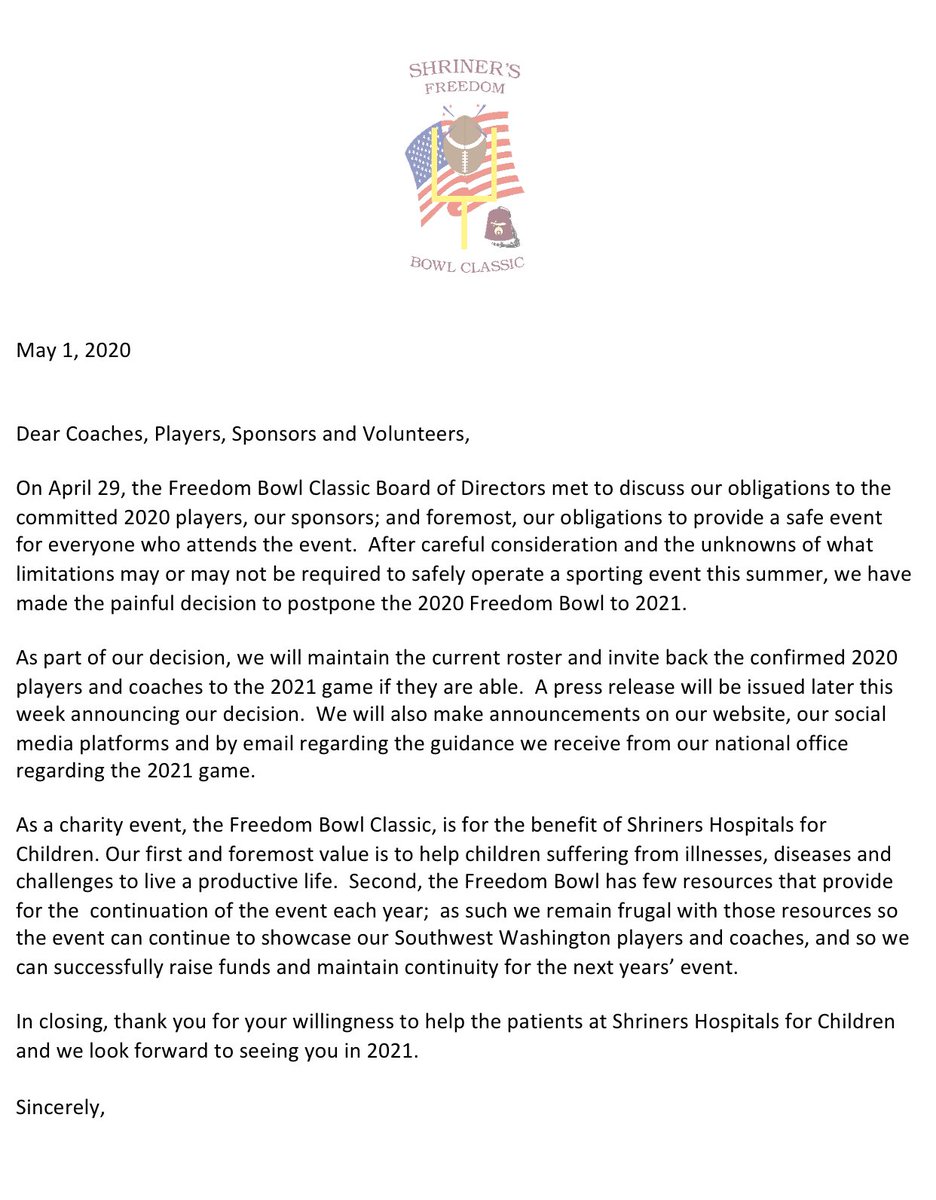 FreedomBowlWA's tweet photo. We regret to inform everyone but the Freedom Bowl Committee has decided to cancel this years game.  Please see the letter from the chairman- Mike Clemenhagen for more details. https://t.co/yKdJ3gxIvH