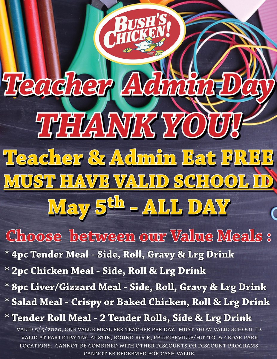 BushsChickenATX's tweet photo. Hope to see all the teachers &amp; admin Tuesday! Leave a comment, retweet or give us a like if you’ll be coming by! 🐔♥️ https://t.co/j3bPe0Fxa9