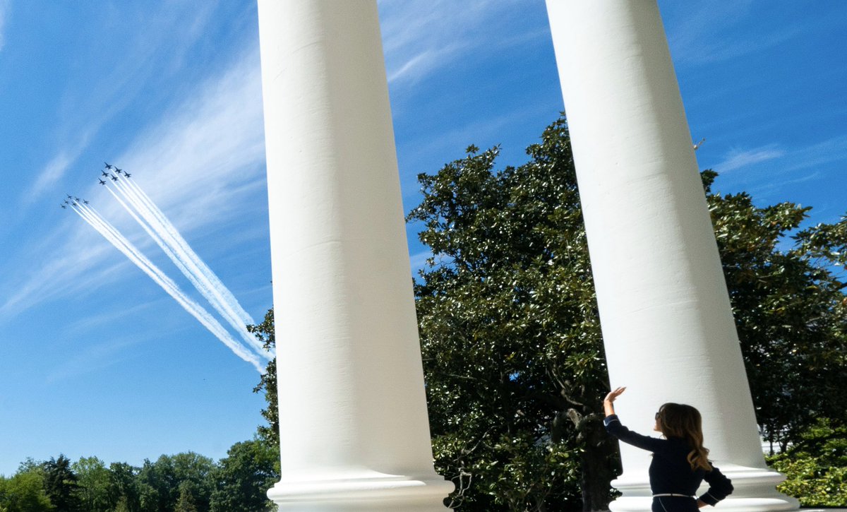 FLOTUS45's tweet photo. Proud to see the #AmericaStrong salute to our healthcare &amp; frontline workers with a spectacular flyover today in Washington, D.C.  Thank you to the @AFThunderbirds and @BlueAngels for this beautiful display of solidarity. https://t.co/W5uyfrtWOz