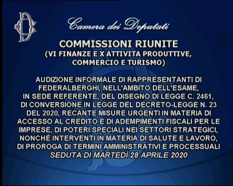 federalberghi's tweet photo. Audizione di Federalberghi sul decreto liquidità: intervento del nostro Direttore Generale, Alessandro Nucara, presso le Commissioni VI (Finanze) e X (Attività Produttive) della Camera dei Deputati.

https://t.co/pC7o0iB6yp https://t.co/ch32eOJqDp