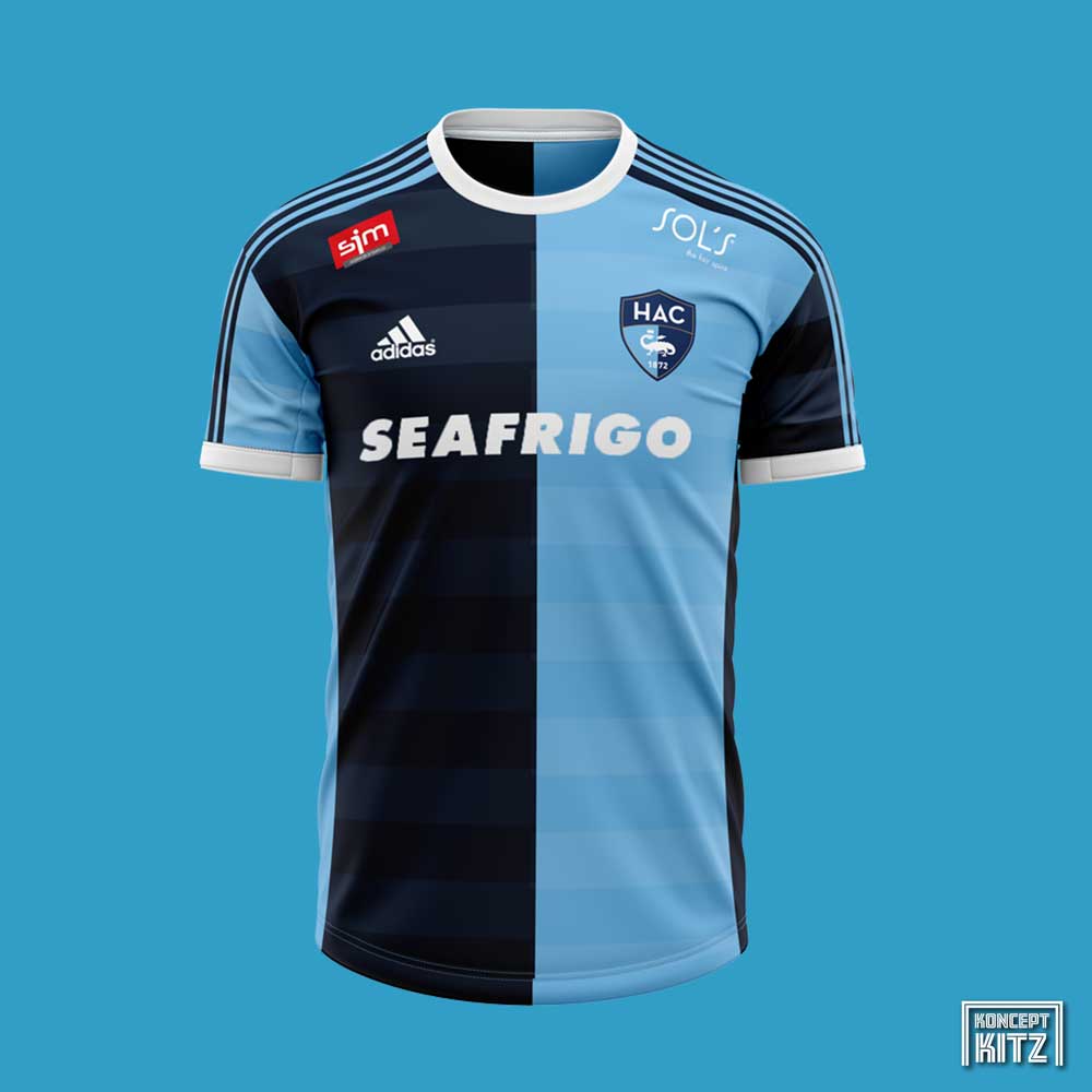 KonceptKitz's tweet photo. Le Havre x @adidasfootball concept designs. Very simple but, look at the difference using text for the logo and removing the shoulder sponsors does for them 🙂 #lehavre #hacfootball #ligue2 #francais https://t.co/eI79pwtdgl