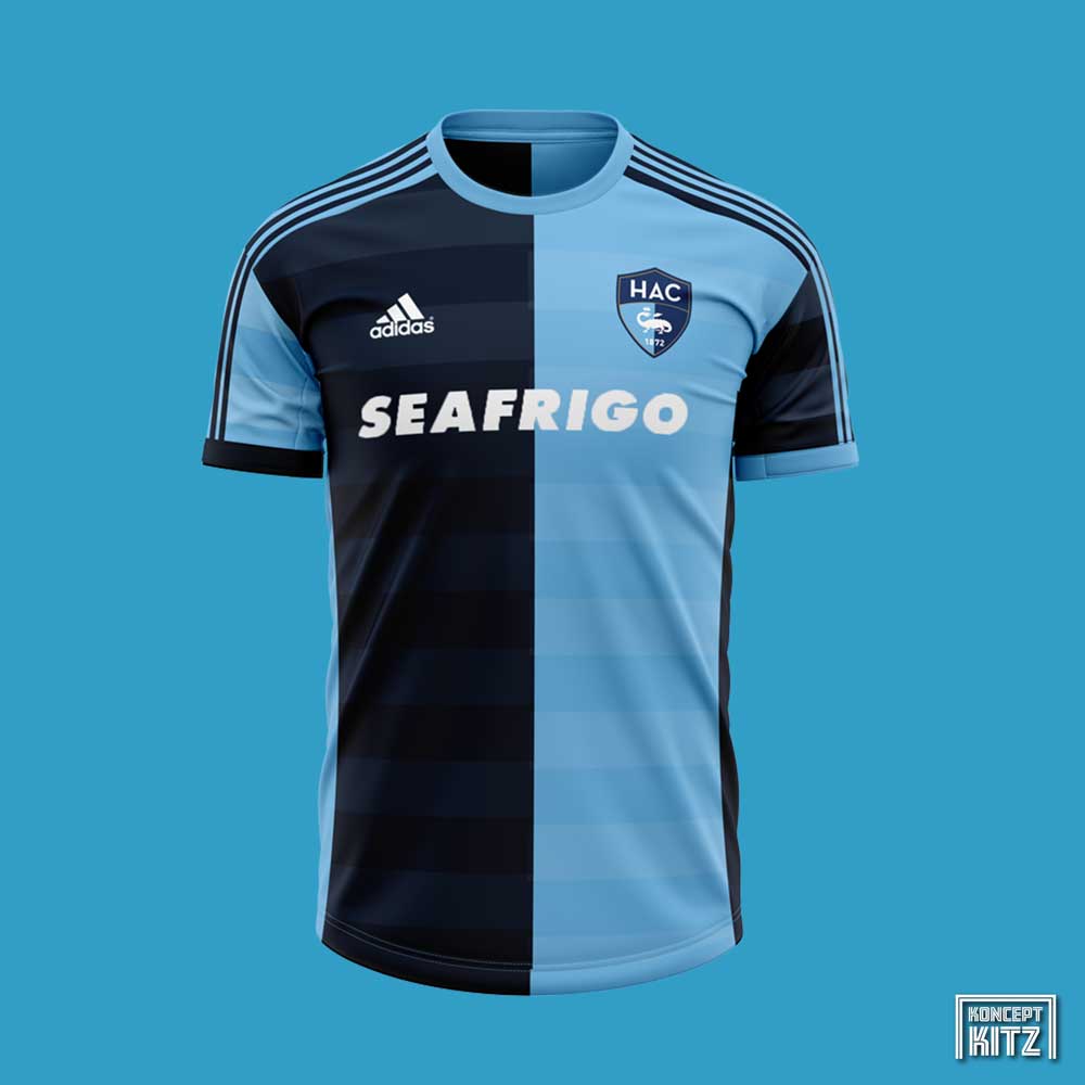 KonceptKitz's tweet photo. Le Havre x @adidasfootball concept designs. Very simple but, look at the difference using text for the logo and removing the shoulder sponsors does for them 🙂 #lehavre #hacfootball #ligue2 #francais https://t.co/eI79pwtdgl