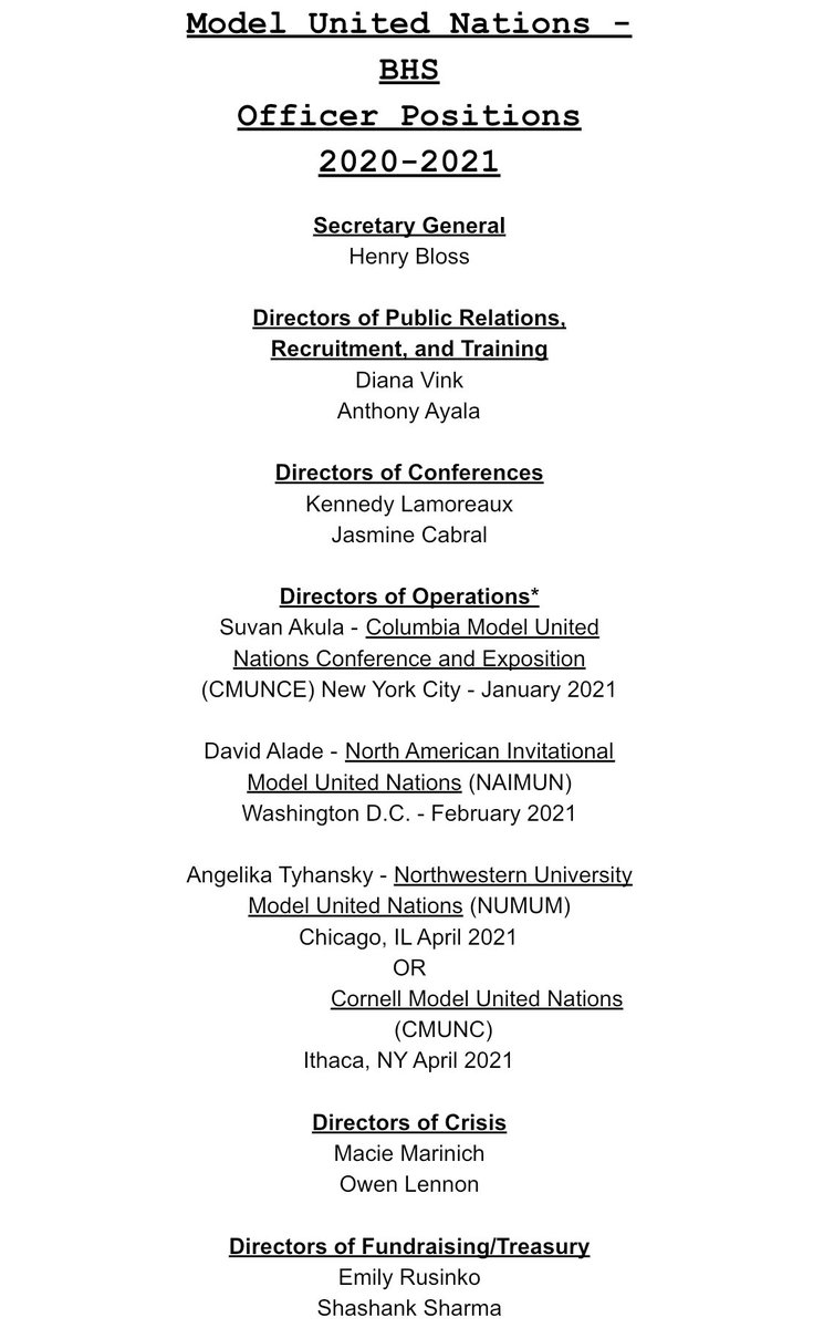 BHS_ModelUN's tweet photo. Congratulations to all of the new officers! Thank you to everyone who interviewed, it’s no easy thing to do. Also, thank you to all of the officers who served this past year! https://t.co/GuhCCuq3SZ