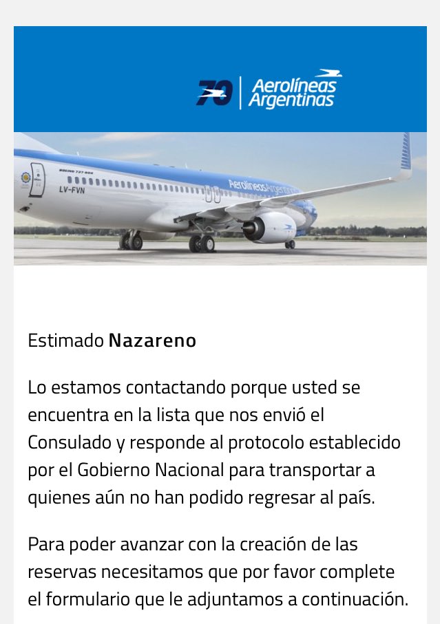 nmontesoro's tweet photo. 29/04: Después de 33 días varados en México nos llega el tan esperado mail de @Aerolineas_AR. https://t.co/SOcIP9IFfq