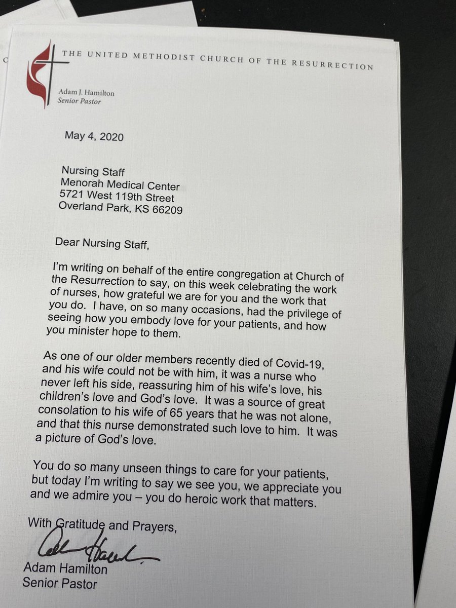 RevAdamHamilton's tweet photo. This Thursday, May 6, marks the beginning of National Nurses Week.  Just signing notes to the nursing staff of all our area hospitals and clinics, praying for each as I sign their notes. Send a note of appreciation this week to nurses at the hospitals and clinics near you. https://t.co/oyHfzixVhp