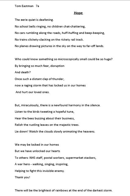 A brilliant poem about HOPE by Tom Eastman Year 7
