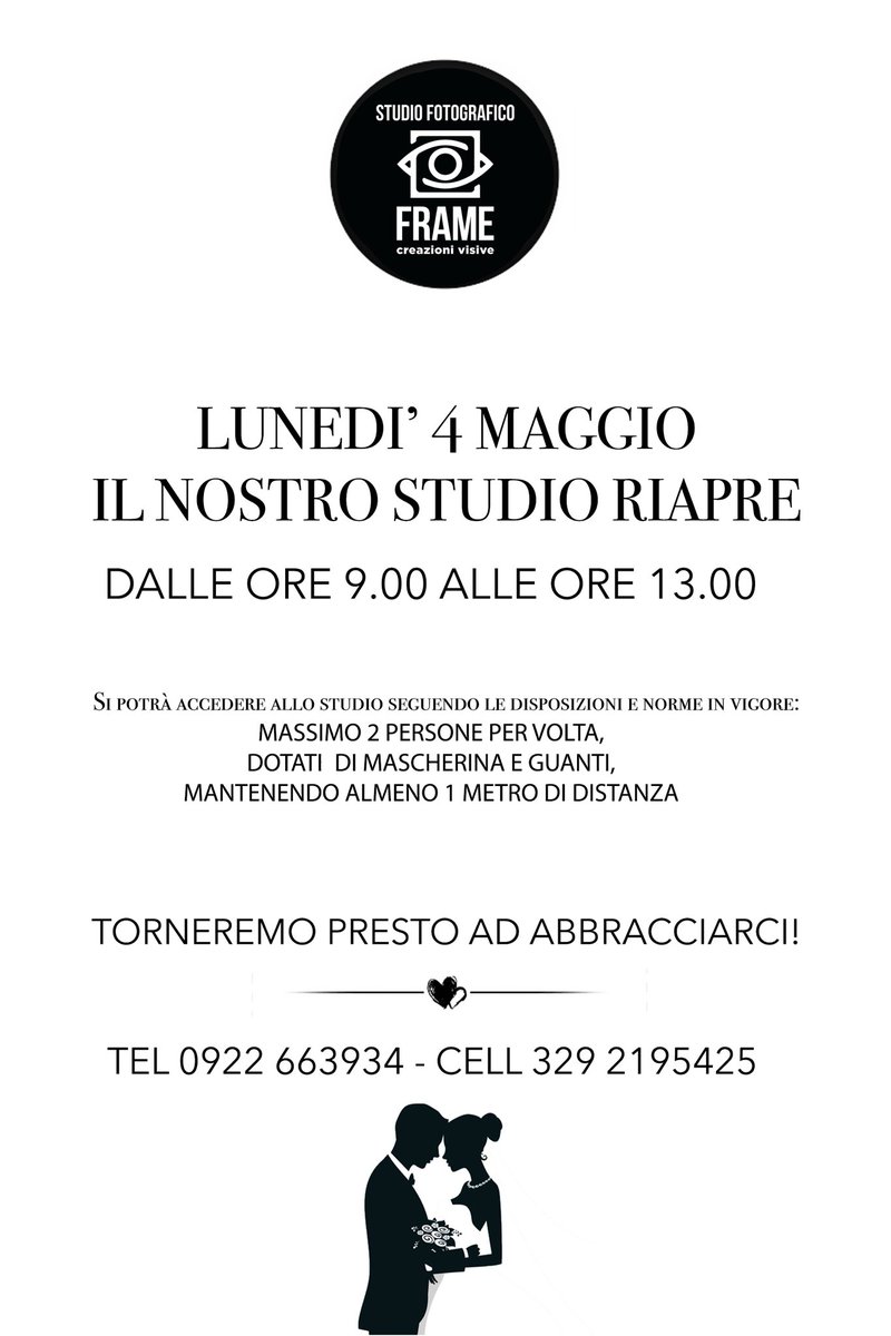 In questi mesi, anche se lontani, abbiamo continuato a lavorare per voi. 📸📽 Abbiamo rivissuto i vostri momenti felici e studiato per tornare a raccontare le vostre storie, finalmente da Lunedì riapriamo lo Studio Fotografico dalle ore 9.00 alle ore 13.00.
#framecreazionivisive