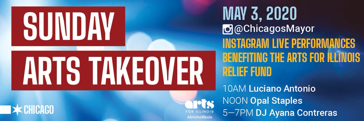 Tomorrow is a special Sunday Arts Takeover of @chicagosmayor Instagram. All donations to the #ArtsForIllinois Relief Fund will be MATCHED!

Tune in for Luciano Antonio, <a href="/opaldstaples/">Opal D. Staples</a> &amp; DJ Ayana Contreras &amp; help support Illinois artists in need. bit.ly/ILArtsRelief