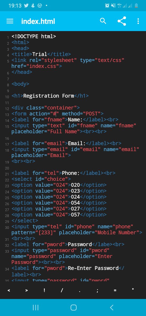 iamkupoe's tweet image. Day 73 of #100DaysOfCode. I drew inspiration from @DThompsonDev and tried coding on my cell phone. This was the result. #Codetraingh #Codetrainchallenge.