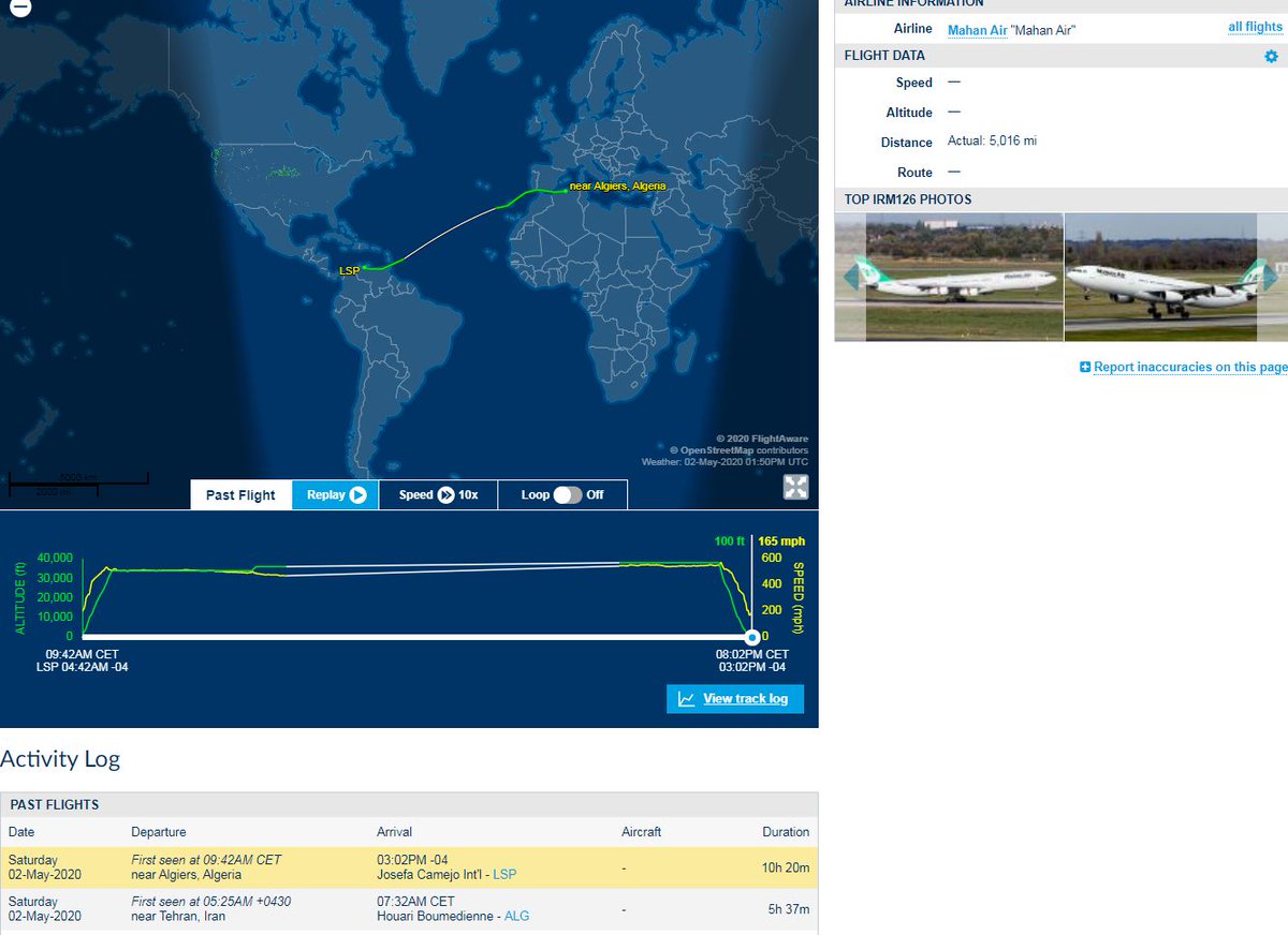 Eleventh flight in row from Iran to Venezuela, again with an intermediate landing in Algeria, probably for refueling .