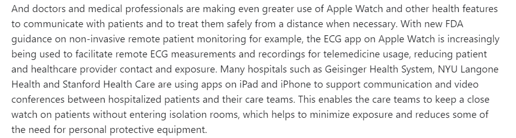 19/nGreat products with high adaptability during these times will define their brand. Helping teachers, students to stay associated.Made Final Cut Pro X and Logic Pro X open for free for 90 days: Network effects X creators.Apple Watch health data is driving Telemedicine: