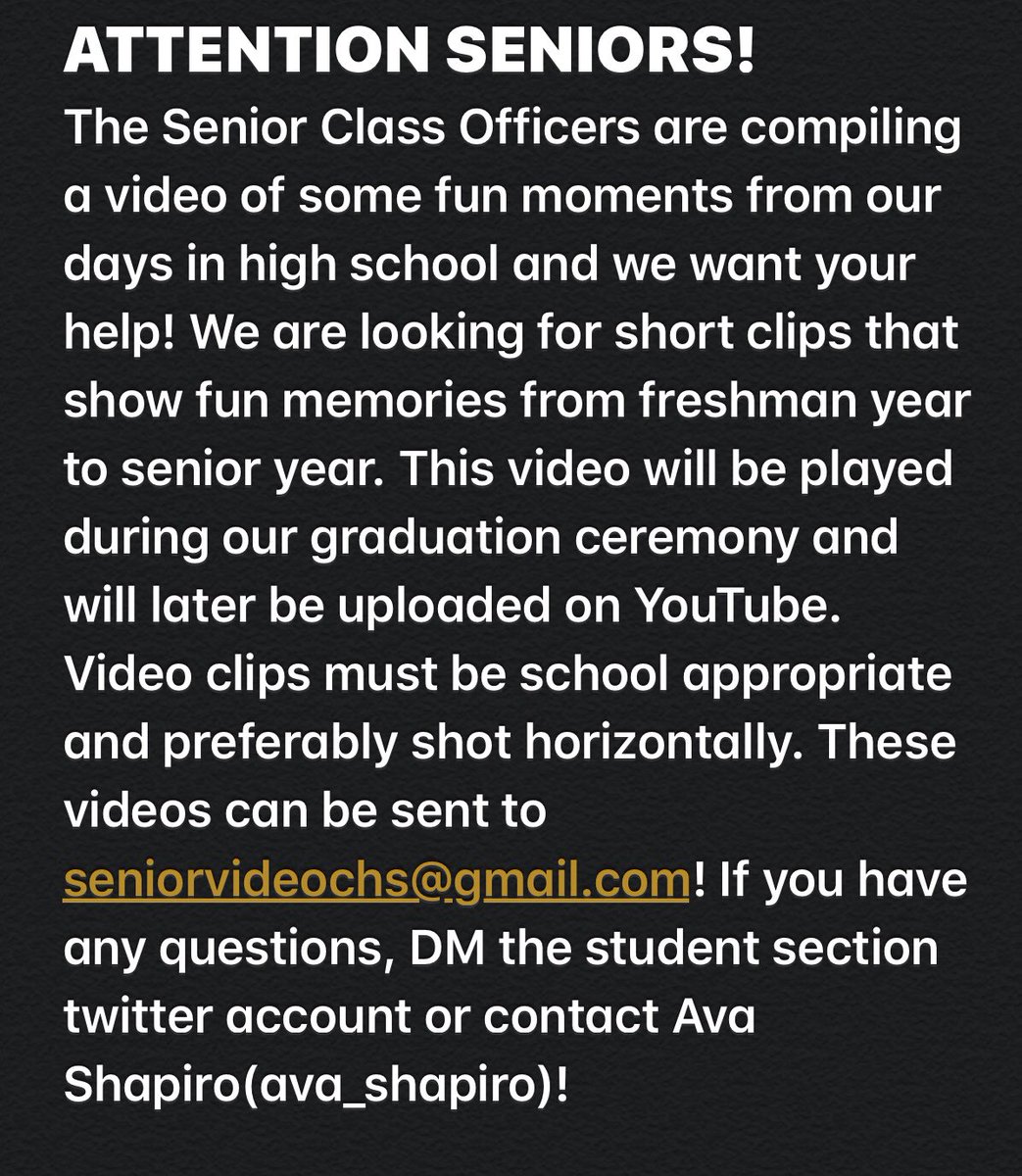 SENIORS! Send some videos!