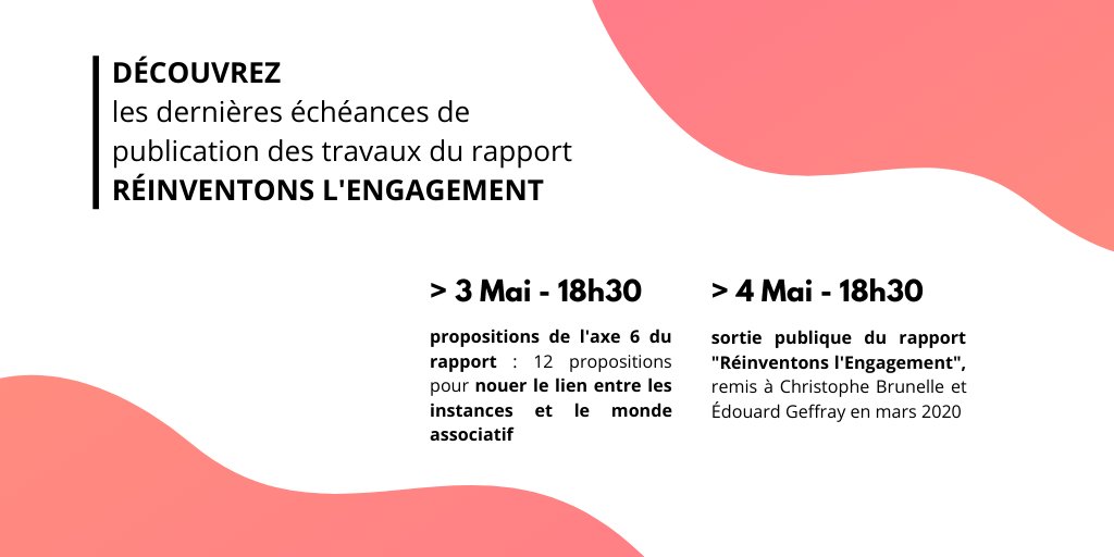 ReinvEngagement's tweet photo. Nos derniers travaux vont bientôt être postés

➡️Retrouvez demain à 18h30 nos 12 propositions pour nouer instances et monde associatif

➡️Et lundi à la même heure, le rapport "Réinventons l'Engagement" pour un nouvel engagement de la #Jeunesse https://t.co/MRgD900k33
