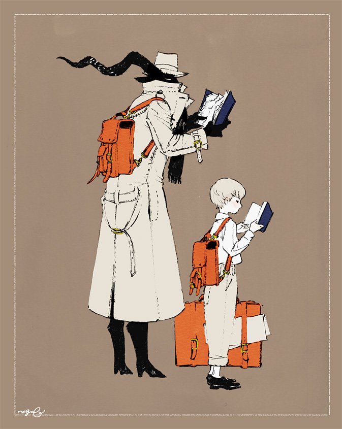 backpack bag book hat holding coat 2boys  illustration images