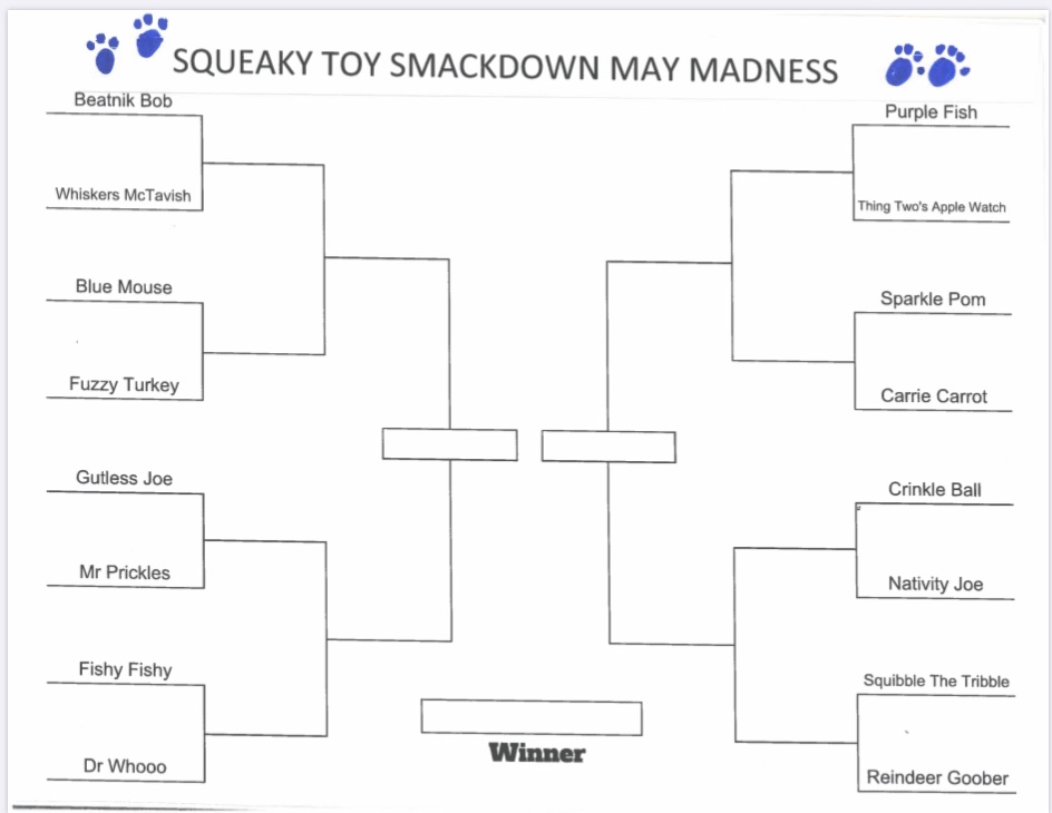 CatFoodBreath's tweet photo. EXCITING SPORTS YELLING ANNOUNCEMENT!
The producers of the Squeaky Toy Smackdown bring you. . . . MAY MADNESS! Print out your bracket and play along at home for the entire month of May!! Rules to follow.
#STS #MayMadness #AlertESPN #WhatElseAreYouGoingToWatch? https://t.co/IWqr3q3weo