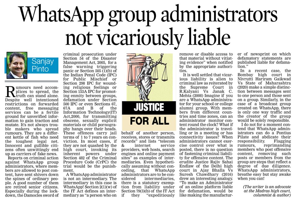Sanjay_Pinto's tweet photo. My #217th #legal column in @DeccanChronicle on the liability of #WhatsApp admins.
https://t.co/J6UbC7GHyY
@sardesairajdeep @PadmajaJoshi @Nidhi @rahulkanwal @RShivshankar @CMOTamilNadu @SPVelumanicbe @Vijayabaskarofl @DrBeelaIAS @RAKRI1 @copmahesh1994 @albyjohnV @chennaipolice_ https://t.co/bSsnRLBFas