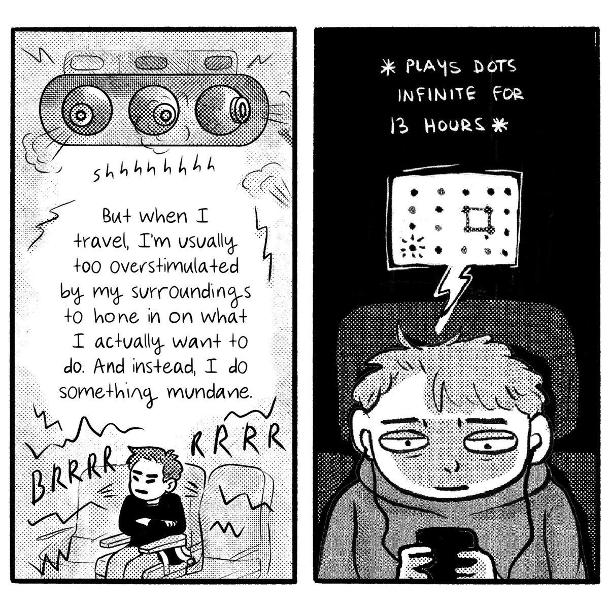 ✈️ travel ✈️ | an #autobiocomic about attempting to be productive in overstimulating environments. #actuallyautistic 