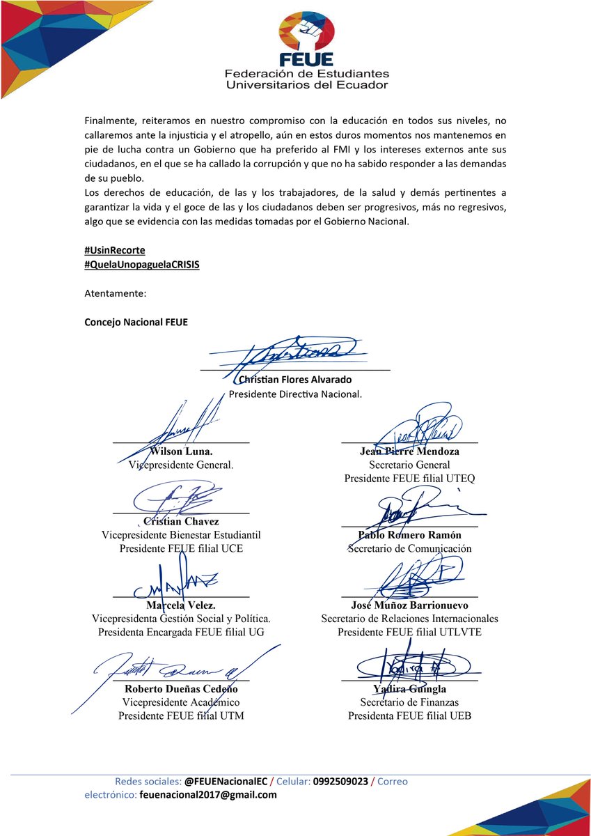 uniprou_ec's tweet photo. #NOalRecorte 
#UsinRecorte
#QuelaUnopaguelaCRISIS

Compartimos con ustedes pronunciamiento de la FEUE frente al recorte presupuestario so pretexto de la crisis sanitaria. 
��Difunde y eleva tu voz!

#ContigoSomosFEUE https://t.co/Cb6tsNXn5I