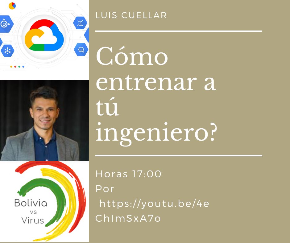 BoliviaVs's tweet photo. charla imperdible  a las 5pm  no se lo pierdan con el sponsor de @googlecloud   https://t.co/mic8mHlwei https://t.co/2tKJaL9w9n