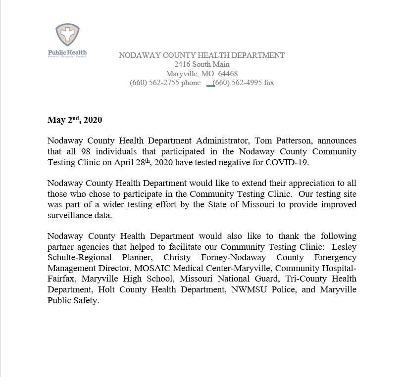 chrisRroush's tweet photo. Also, the Nodaway County Health Department announced today that all 98 individuals that participated in the Nodaway Co. Community Testing Clinic on April 28 have tested negative for the coronavirus. https://t.co/qe8TDo5d5i