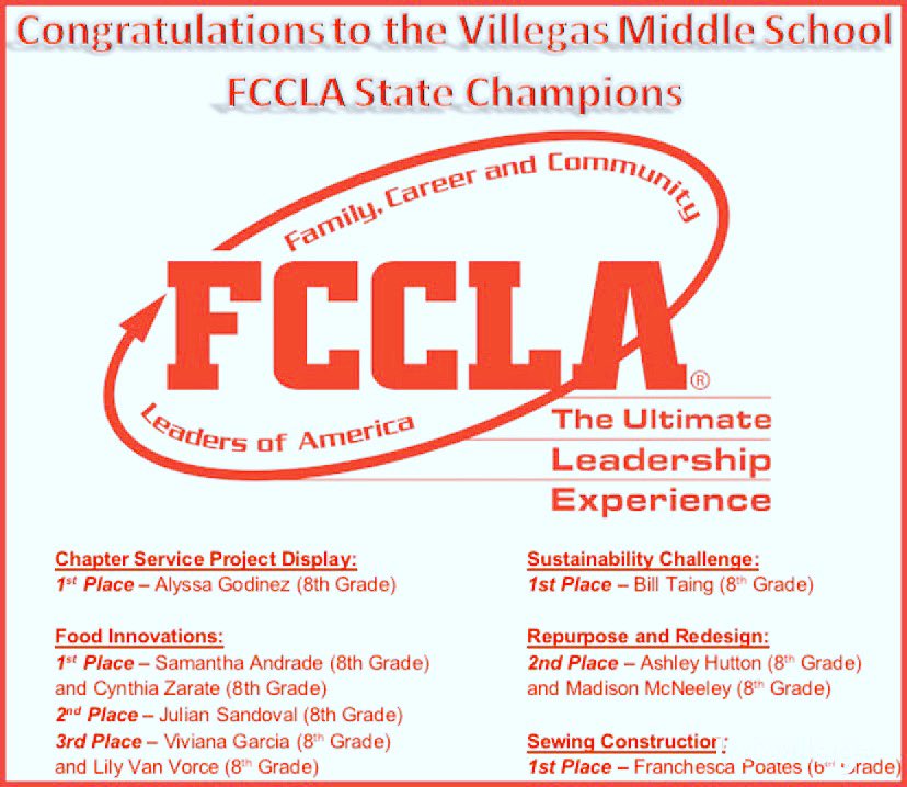 VillegasMS_AUSD's tweet photo. We are so proud of our FCCLA competition team! They dominated at the FCCLA State Competition. We can’t wait to see you compete in NATIONALS! Thank you to Mrs. Pruitt, Ms. Hales, and Ms. Ventura for your hard work and support of our students. Villegas Rocks! #vmspatriots https://t.co/4tnFaSjvGO