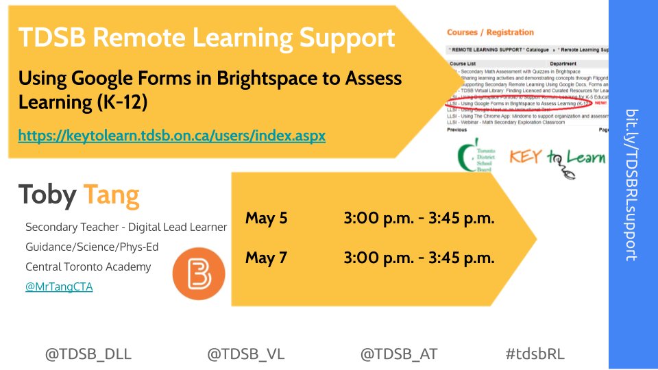 Interested in learning how to use @GoogleForEdu Forms in @Brightspace to assess student learning? Sign up for the #tdsbRL PD on KeytoLearn: keytolearn.tdsb.on.ca/users/index.as…

@TDSB_DLL @EDUholtz27 @chezchan @KevBradbeer  @ccatwell @BaileyRose1616 @ErinZawacki