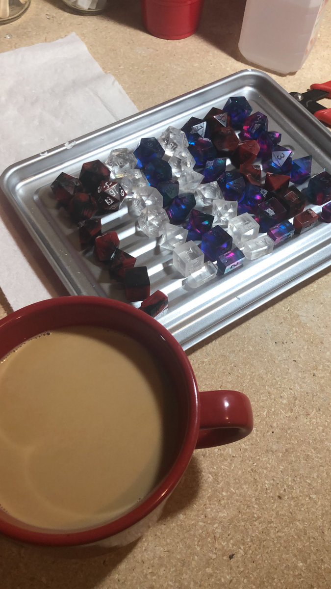 hardlightforge's tweet image. Coffee, Critrole, and dice. Not a bad way to spend a rainy Washington Saturday.