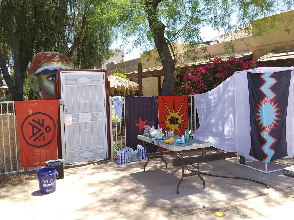CQMutualAid's tweet photo. Donations coming in and our mobile outdoor shower set up. #MutualAid for Cocopah and Quechan peoples as well as houseless comrades living on our lands. https://t.co/d9aiCDEvyp