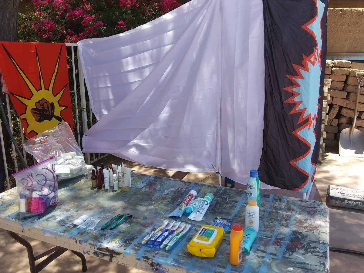 CQMutualAid's tweet photo. Donations coming in and our mobile outdoor shower set up. #MutualAid for Cocopah and Quechan peoples as well as houseless comrades living on our lands. https://t.co/d9aiCDEvyp